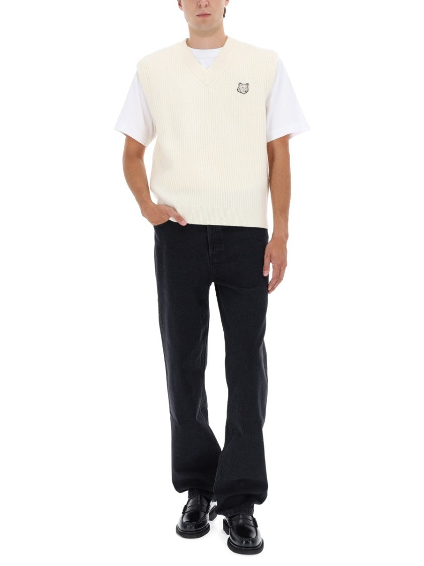 Maison Kitsuné Ribbed Merino Wool Vest With Embroidered Emblem