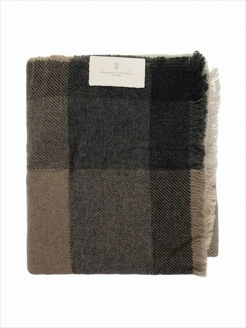 Brunello Cucinelli Checkered Wool-Cashmere Scarf With Fringed Edges