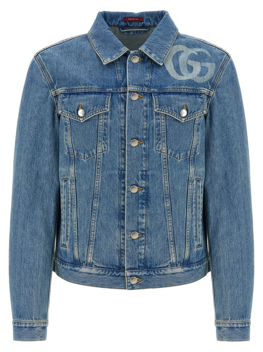 Gucci Washed Denim Jacket With Signature Gg Detailing
