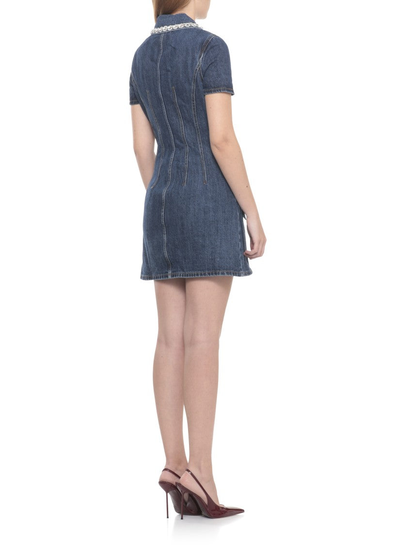 Self-Portrait Fitted Denim Dress With Strass-Detail Collar