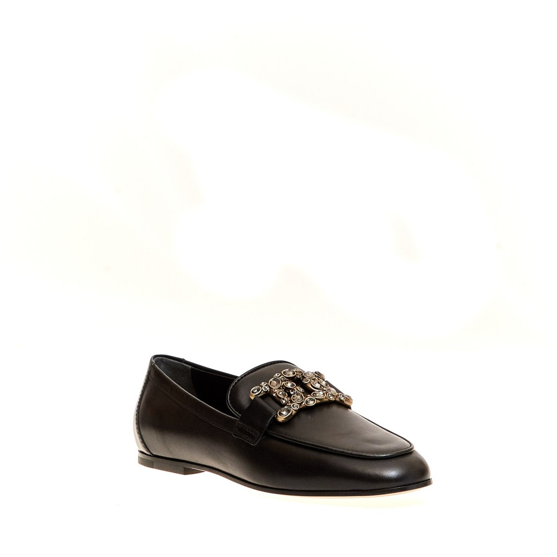 Tod's Black Leather Moccasin With Rhinestone Buckle