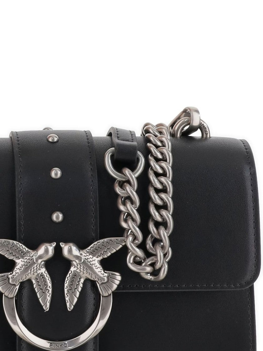 Pinko Structured Black Shoulder Bag With Silver Chain Strap And Bird Clasp