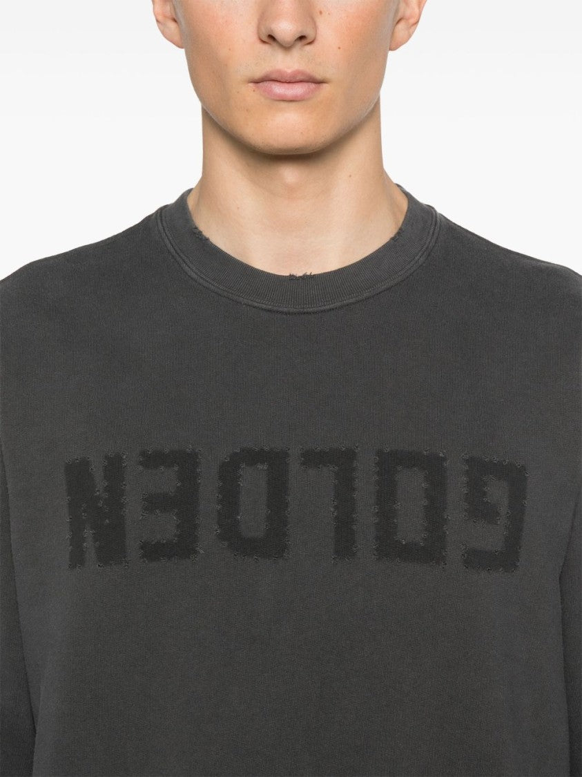 Golden Goose Distressed Grey Cotton Jersey Sweatshirt With Ribbed Trim