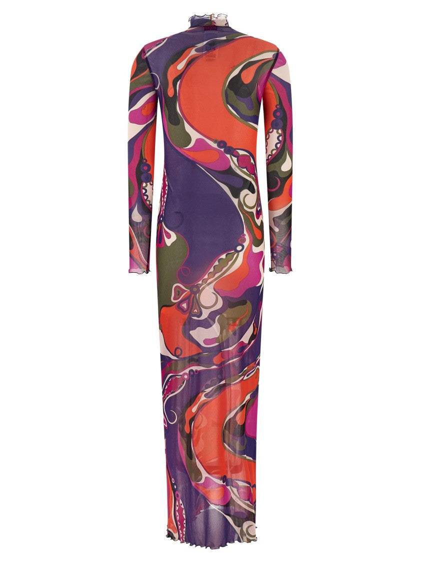 Emilio Pucci Printed Transparent Tulle Dress With High Neck