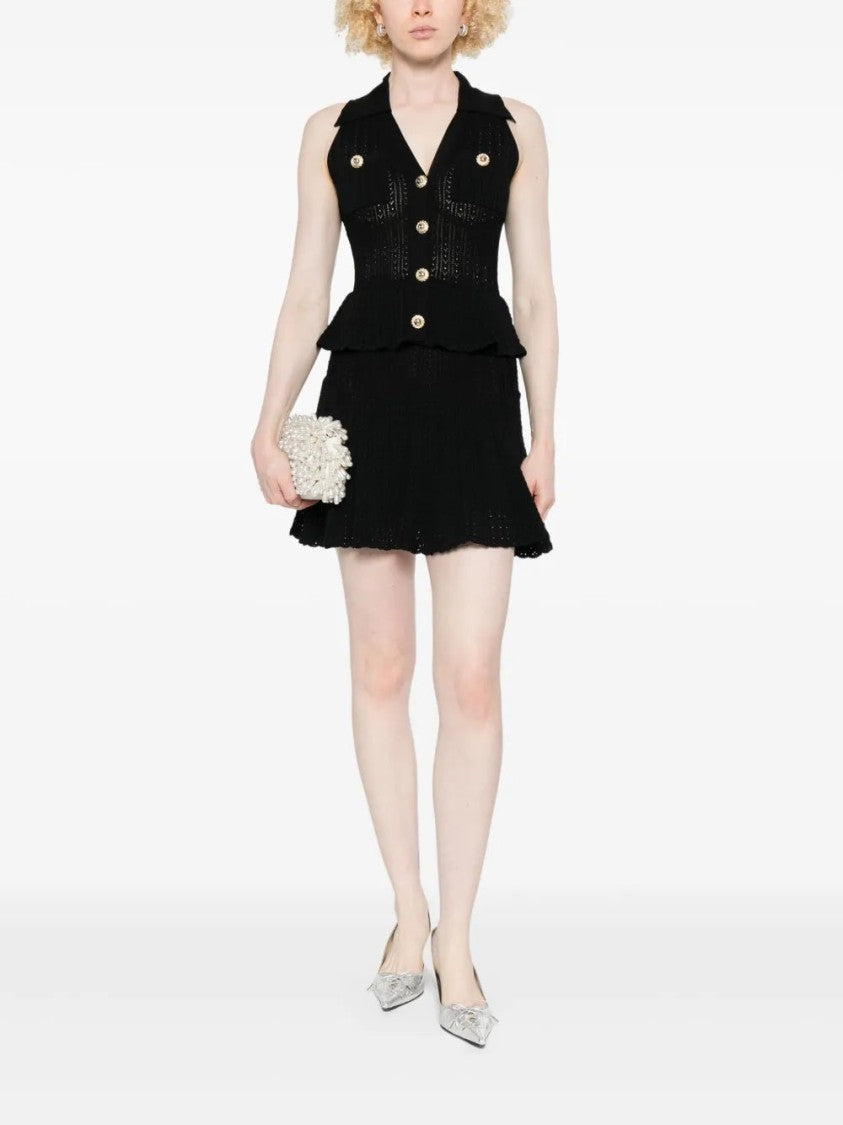 Self-Portrait Pointelle-Knit Mini Dress With Flap Pockets And Chain-Link Accents