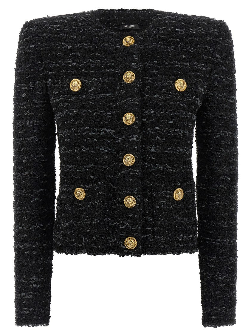 Balmain Textured Viscose Blend Tweed Blazer With Bolero Silhouette