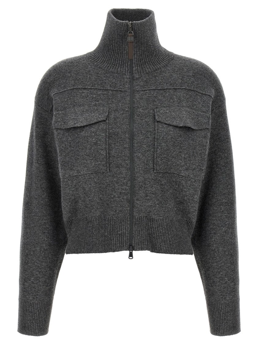 Brunello Cucinelli Shiny Zipper Pull' Wool Cardigan