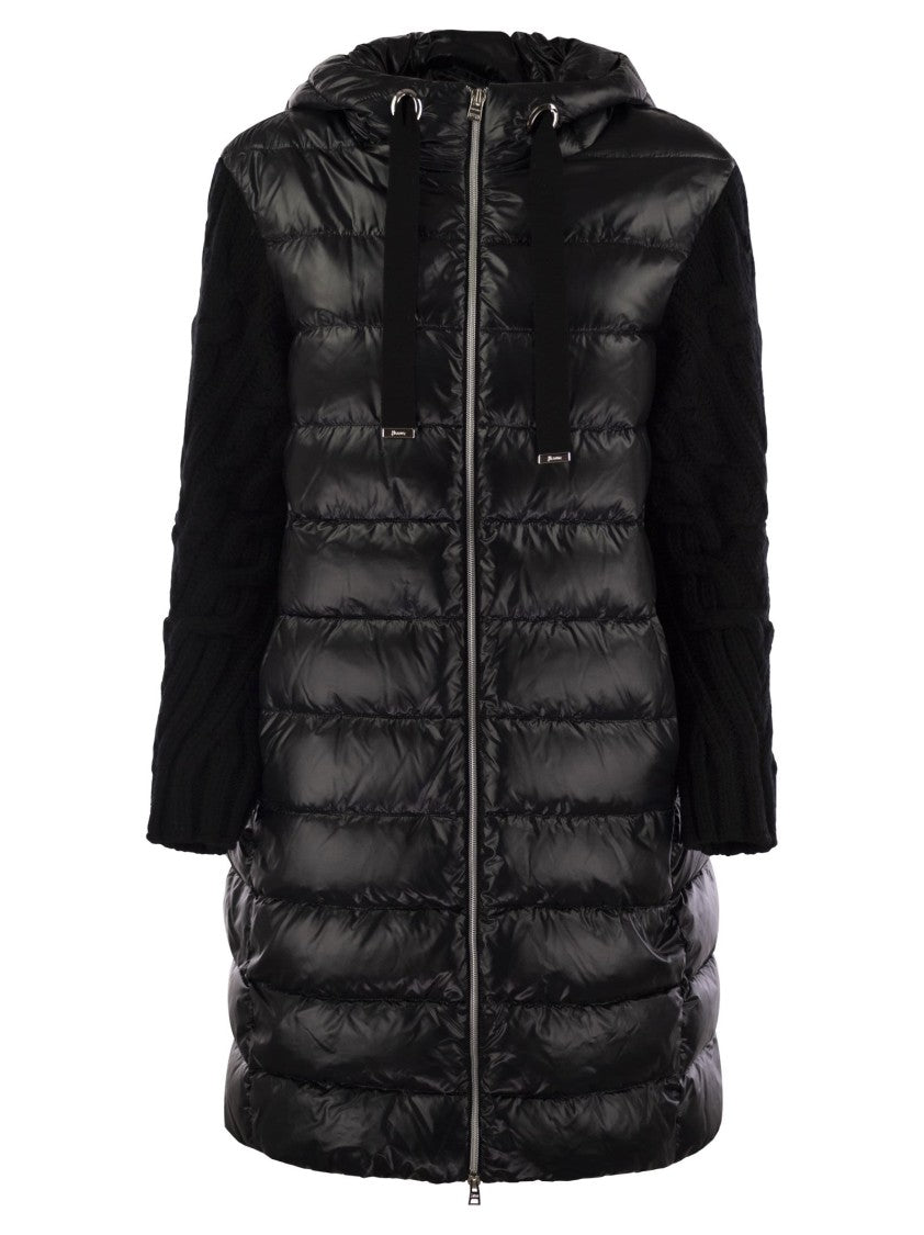 Herno Long Down Jacket With Wool Sleeves