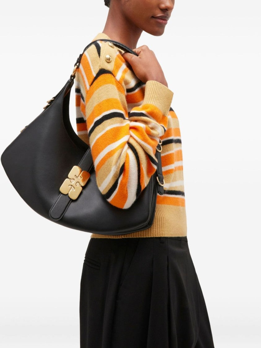 Ganni Crescent-Shaped Leather Shoulder Bag With Gold Accents