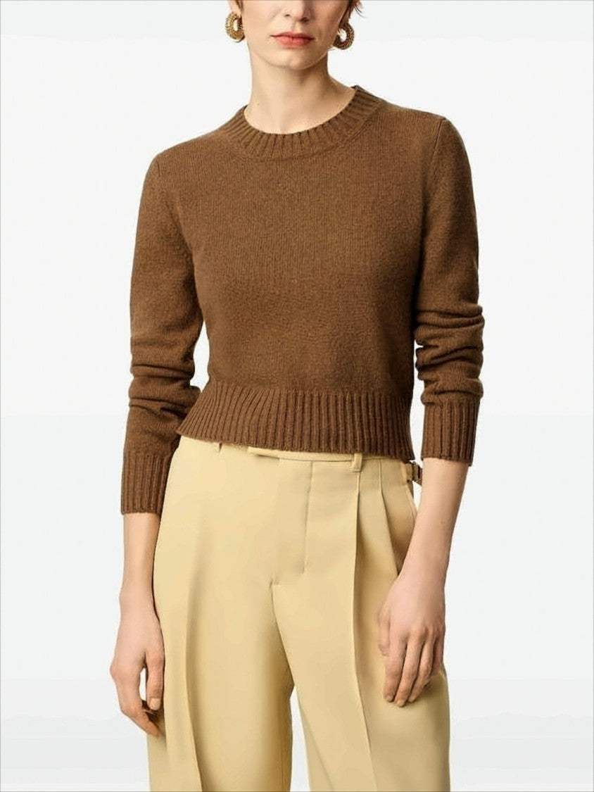 Ami Cropped Brown Cashmere Blend Sweater With Heart Detail