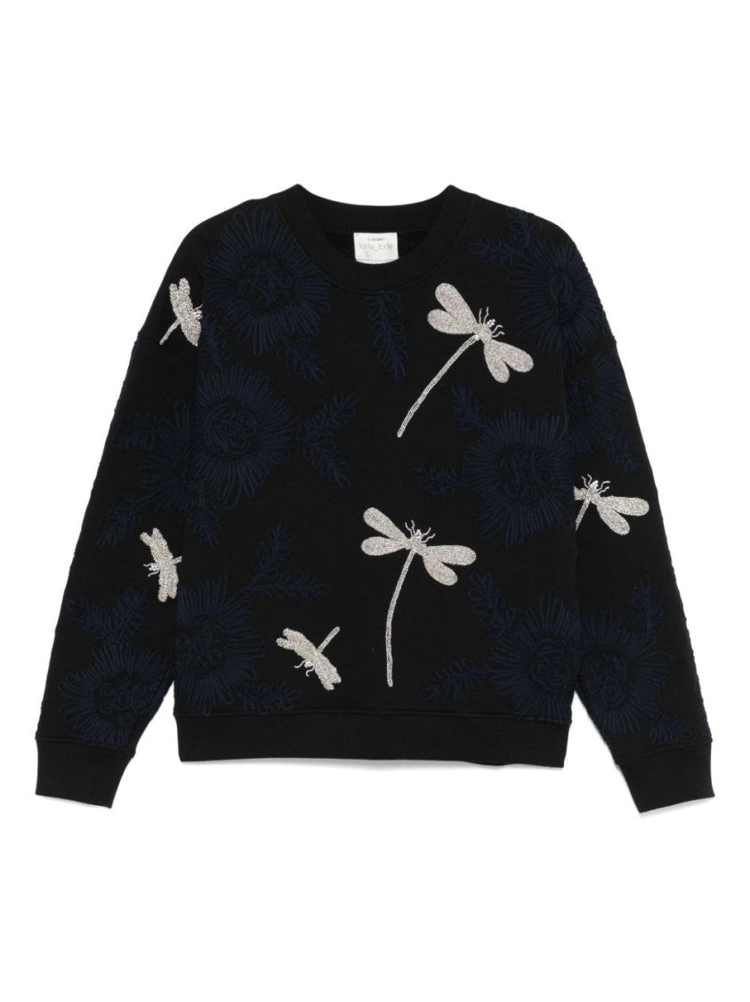 Forte Forte Embroidered Black Sweatshirt With Textured Floral Motifs