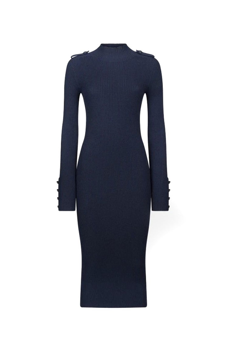 Dondup Fitted Blue Midi Dress With Ribbed Texture