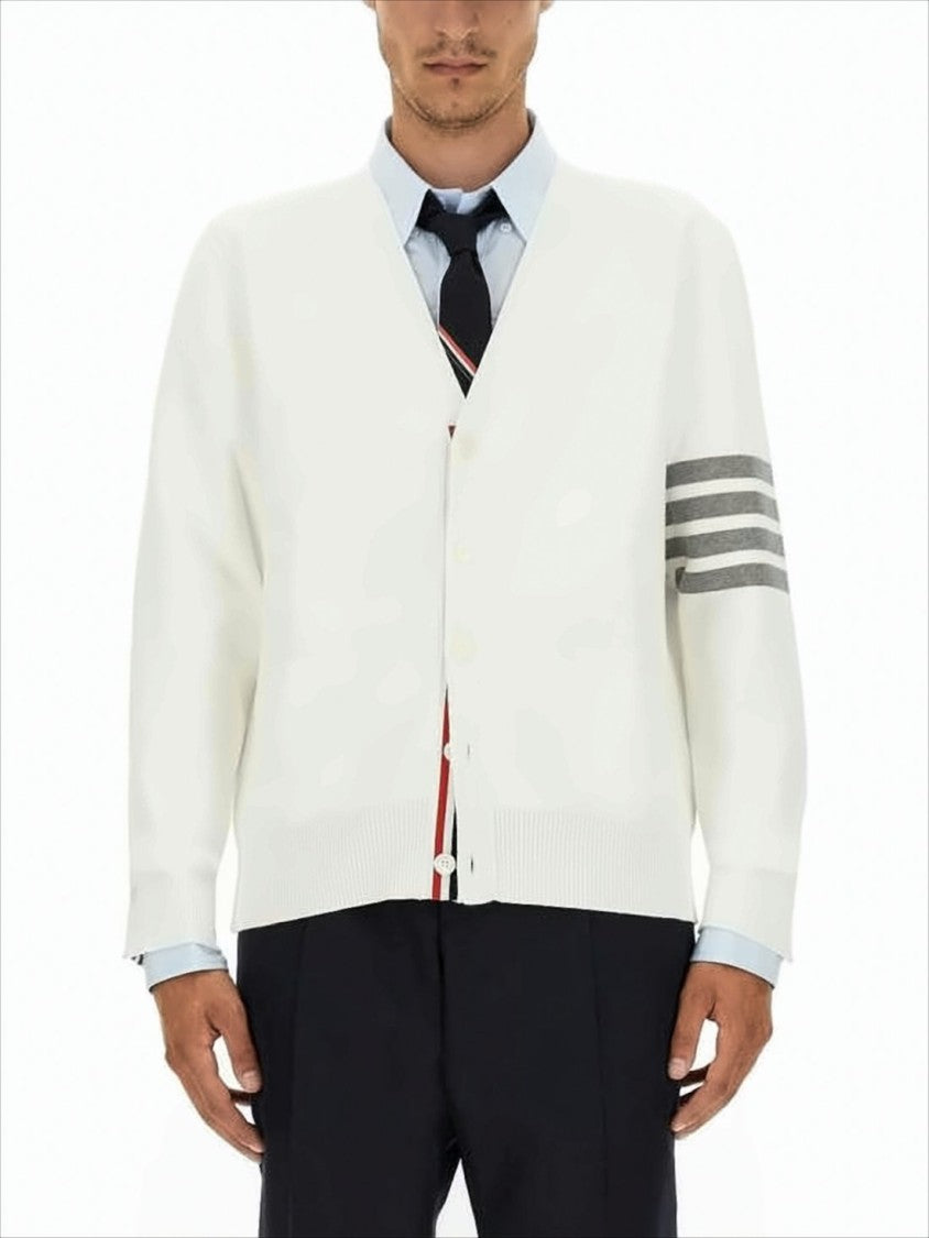 Thom Browne Minimalist White Cotton Cardigan With Ribbed Cuffs And Tricolor Detail