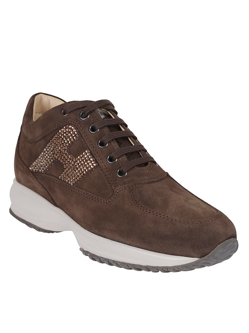 Hogan Chocolate Suede Sneakers With Rhinestone Logo