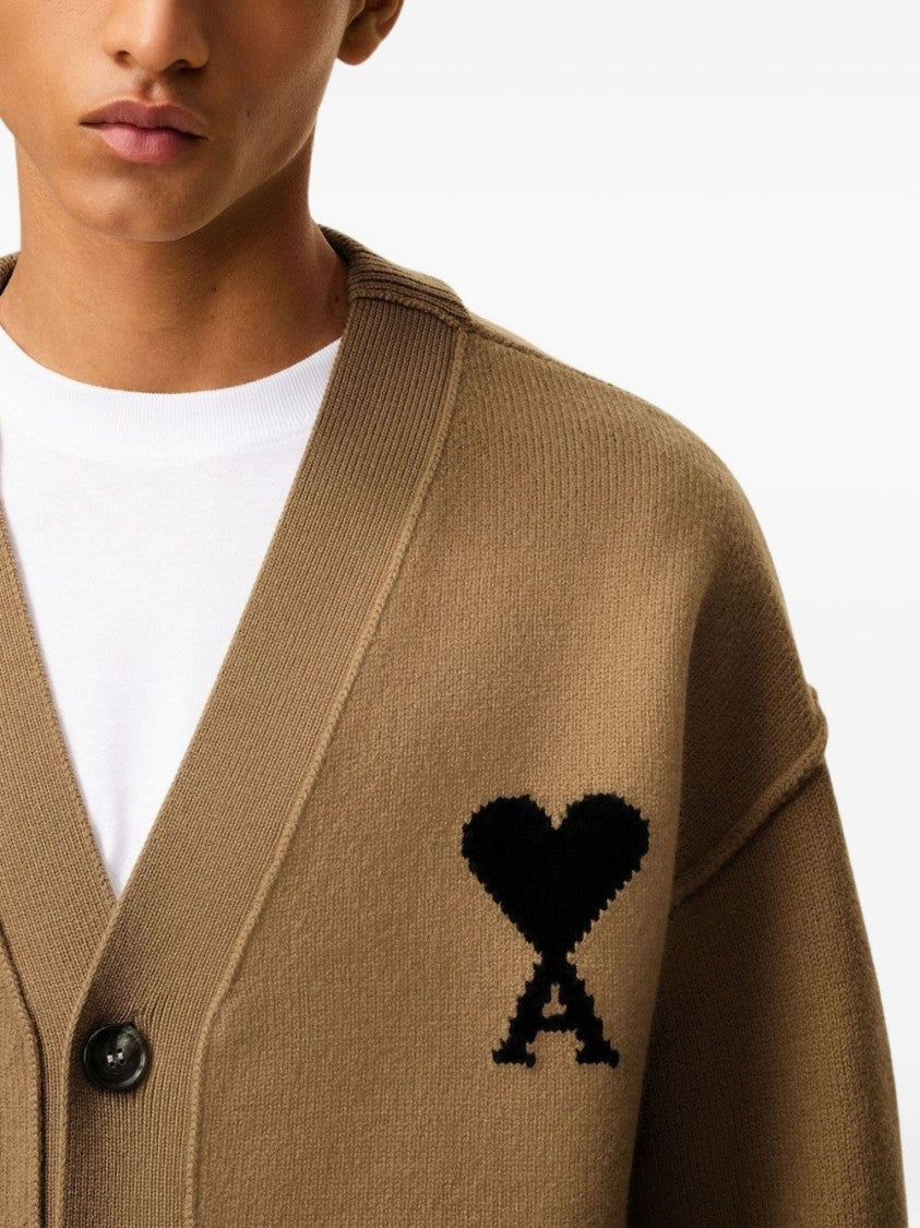 Ami Classic V-Neck Wool Cardigan With Signature Logo