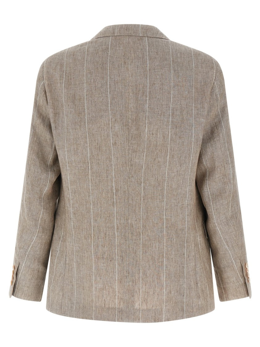 Brunello Cucinelli Striped Linen Single-Breasted Blazer With Double Back Split