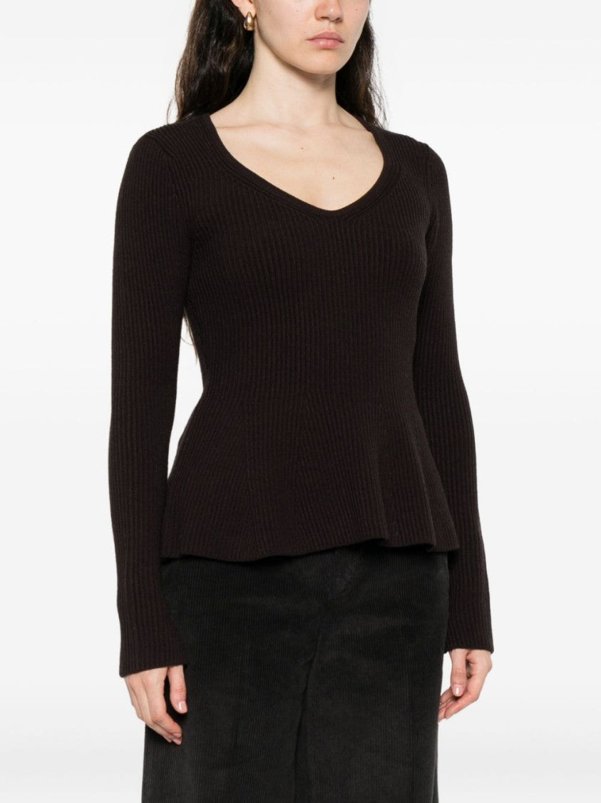Twin-Set Fitted Ribbed Knit Sweater With Deep V-Neckline