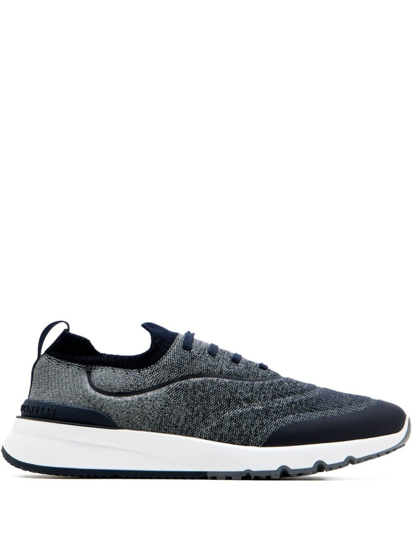 Brunello Cucinelli Navy Blue Knit Lace-Up Sneakers