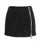 Balmain Textured Black Mini Skirt With Gold Zipper Detail