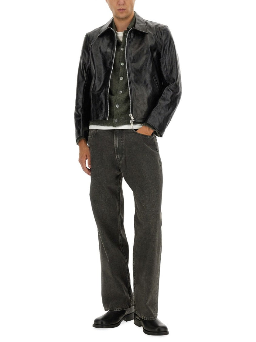 Our Legacy Cropped Black Leather Jacket With Classic Collar