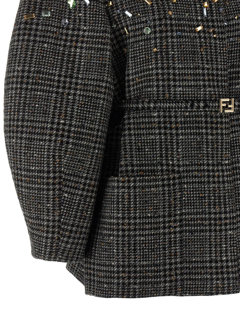 Fendi Check Wool Tweed Jacket With Crystal Embellishments