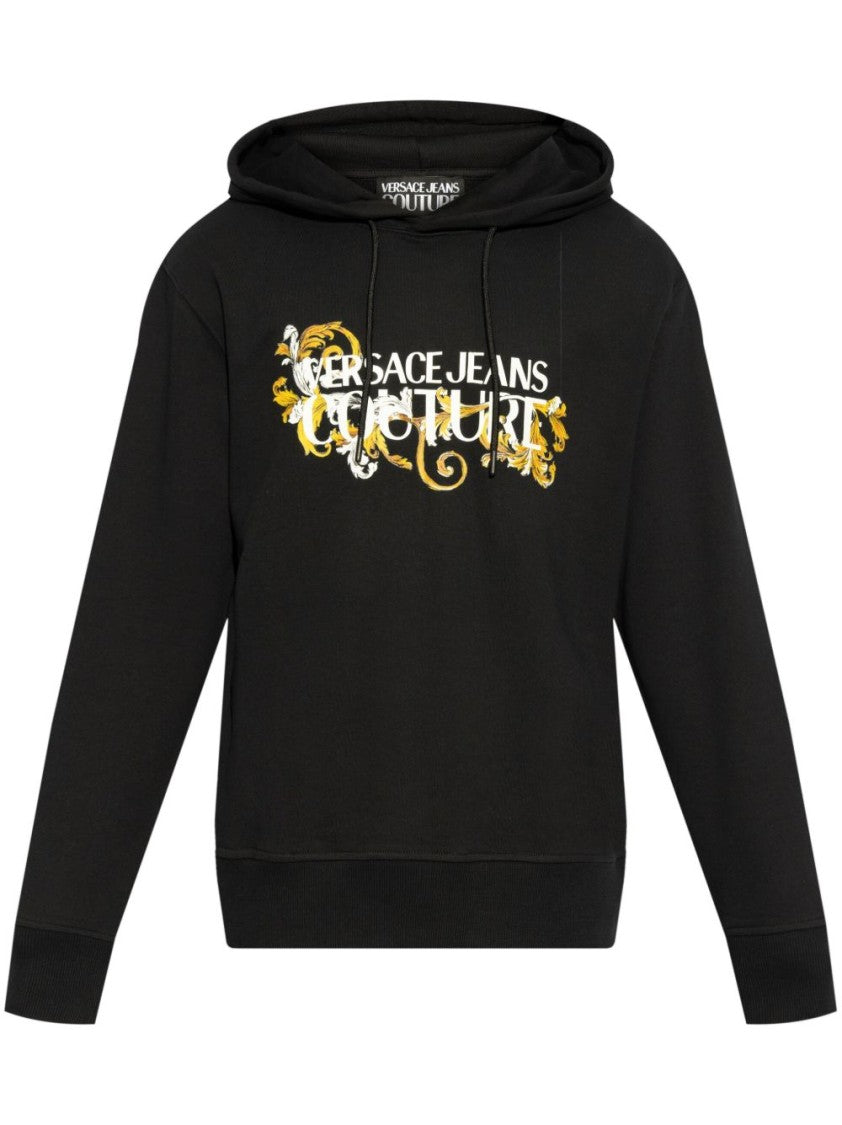 Versace Jeans Couture Black Cotton Sweatshirt With Drawstring Hood