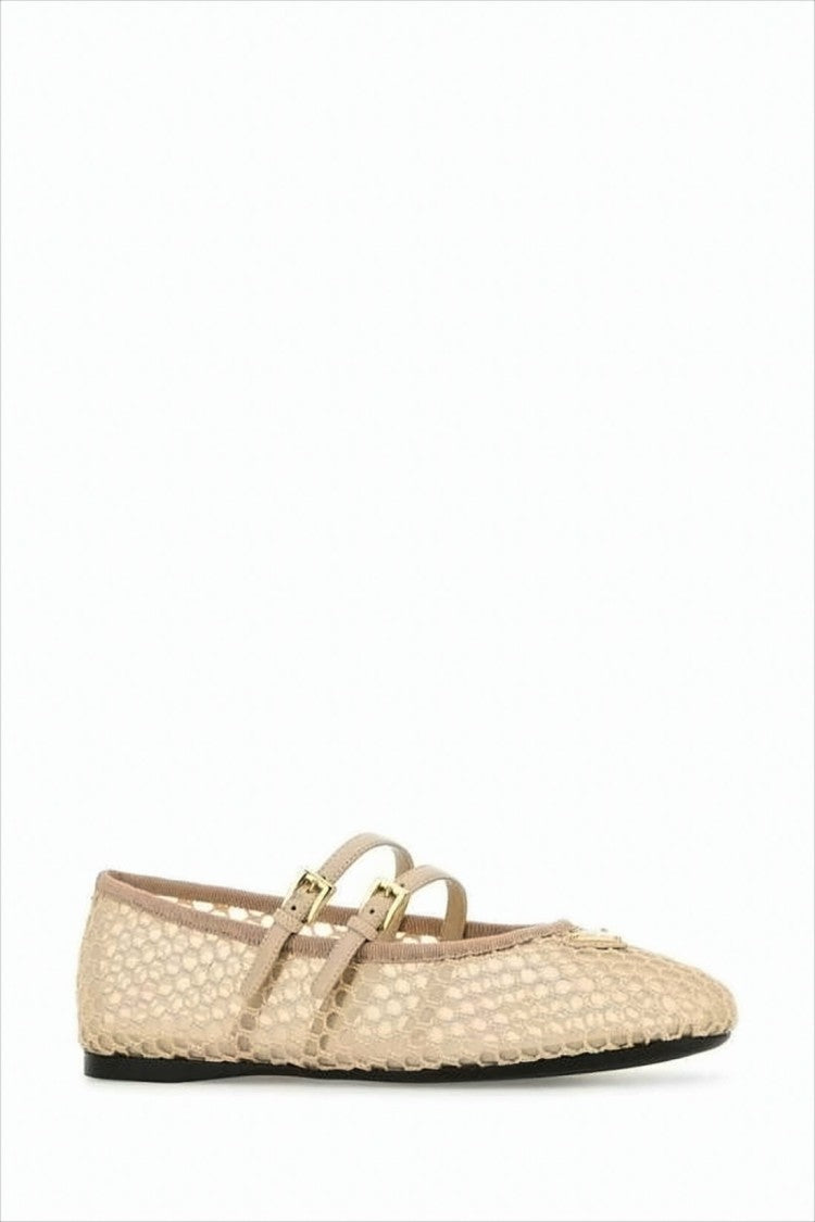Prada Pointed-Toe Flats With Honeycomb Mesh Upper And Gold Buckles