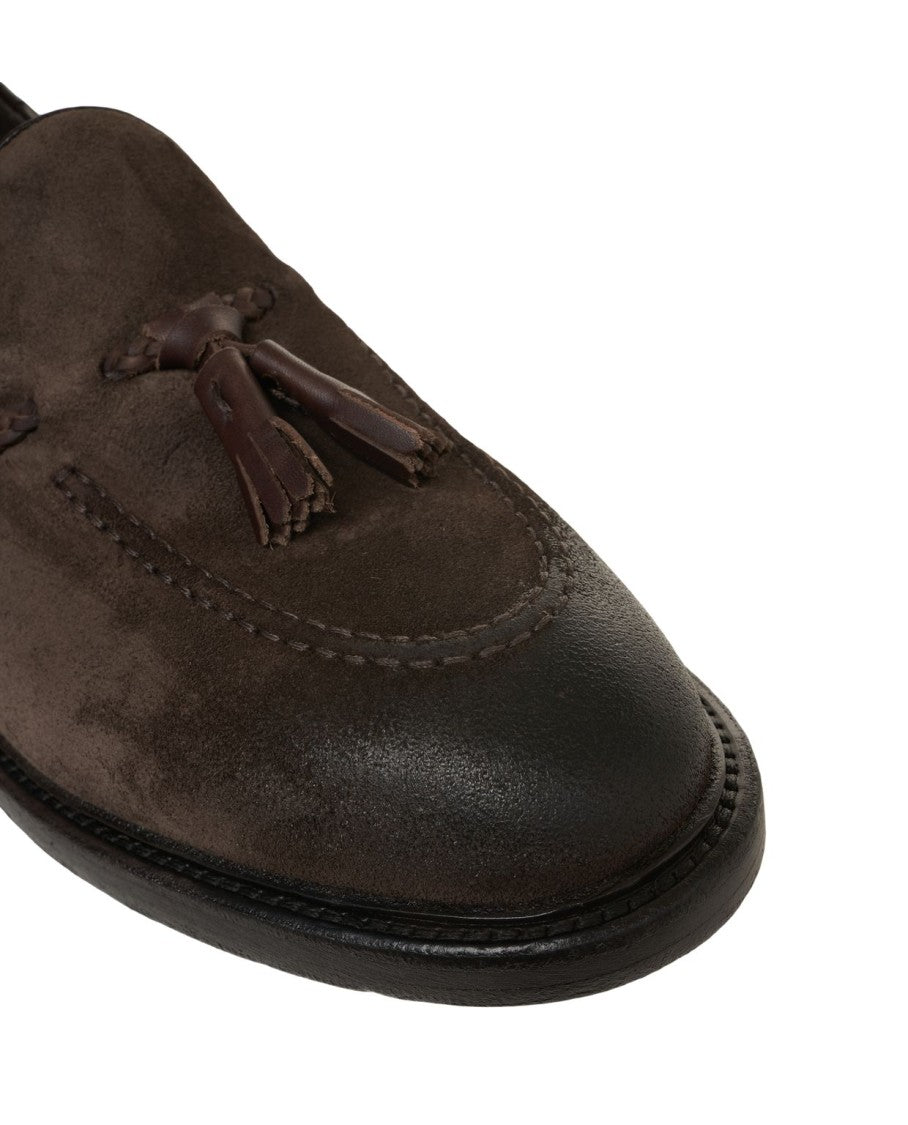 Green George Suede Loafers With Tassel Details And Intricate Stitching