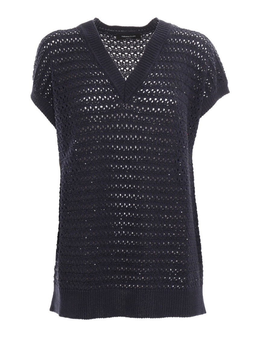 Fabiana Filippi Sequin Striped Crochet V Neck Cape Sleeve Sweater