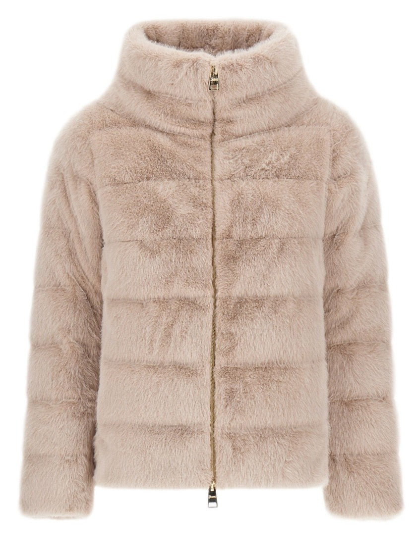 Herno Cropped Beige Coat With Horizontal Quilted Pattern And High Collar