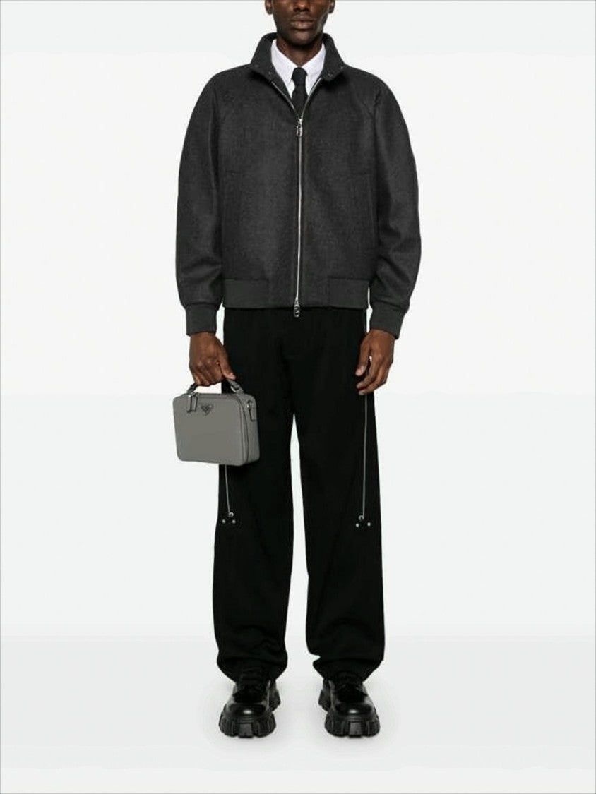 Fendi High Collar Grey Bomber Jacket With Ribbed Details