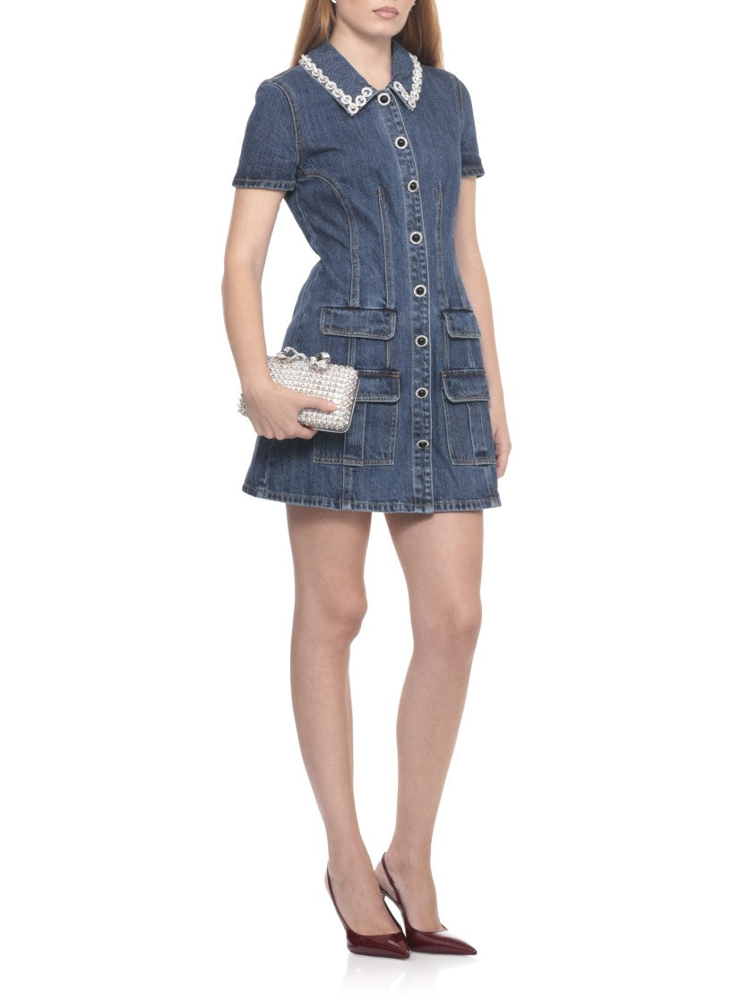 Self-Portrait Fitted Denim Dress With Strass-Detail Collar