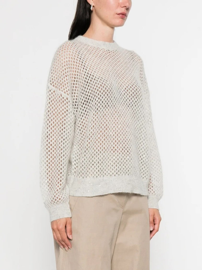 Brunello Cucinelli Open-Knit Long-Sleeve Sweater With Relaxed Silhouette