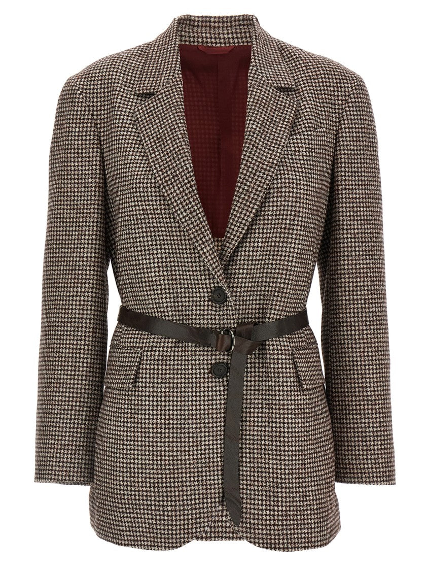 Brunello Cucinelli Deconstructed Houndstooth Blazer With Leather Belt
