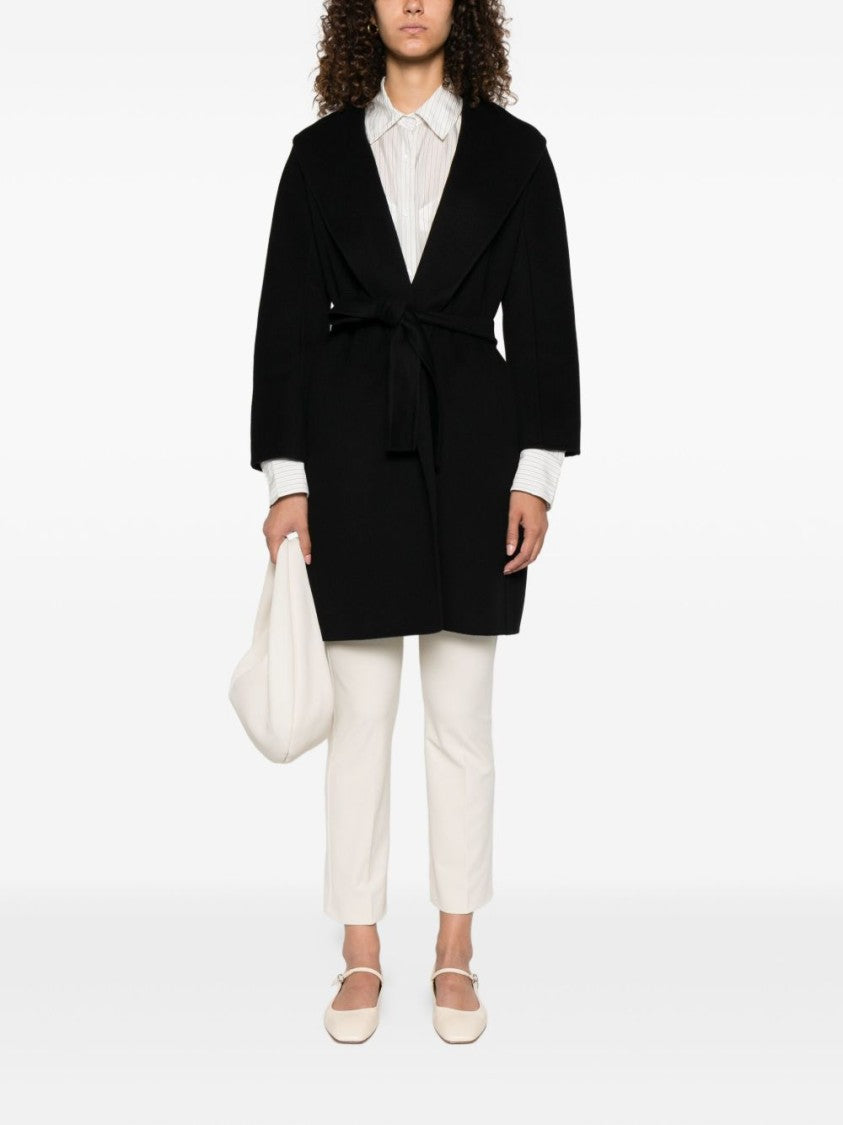 Max Mara Wrap Black Coat With Self-Tie Belt