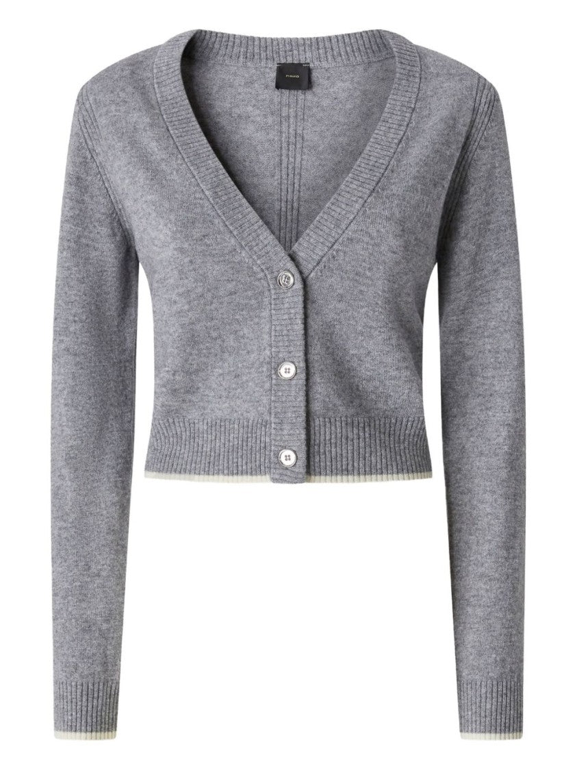 Pinko Cropped Grey Knit Sweater With Deep V-Neckline