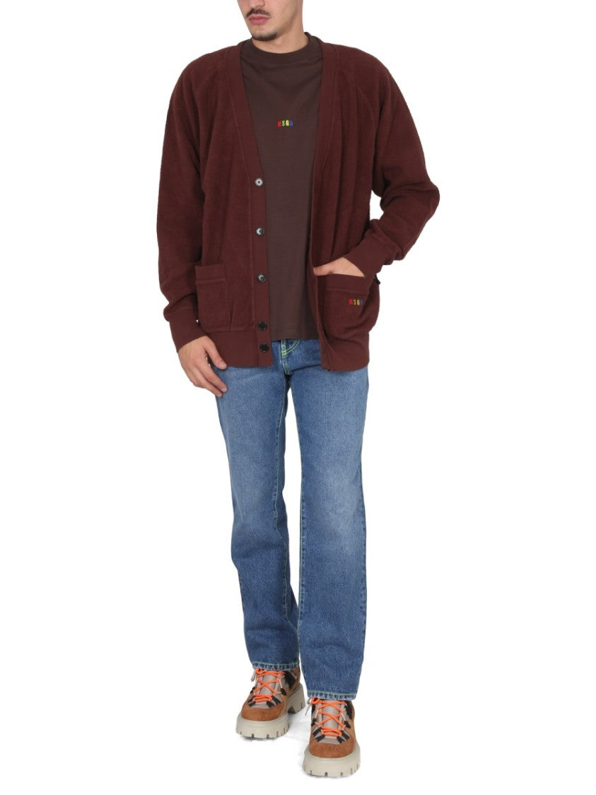 Msgm V-Neck Cardigan With Embroidered Logo Detail