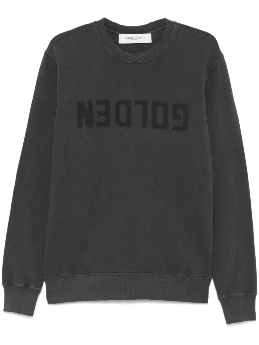 Golden Goose Distressed Grey Cotton Jersey Sweatshirt With Ribbed Trim